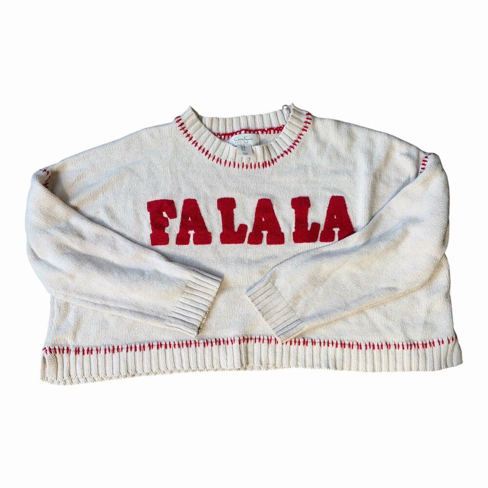 Jessica Cotton Knit Christmas Sweater Crop Top Long Slv SZ M Holiday Red Fa La